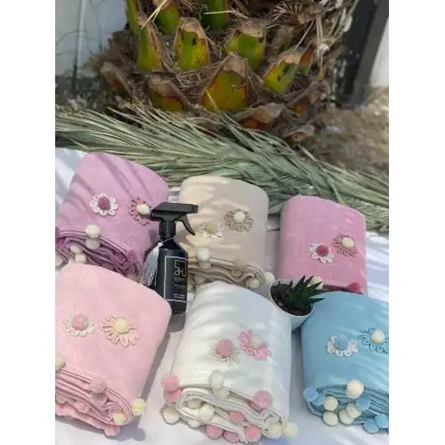 

WONDERFULSOFTHandmade Velvet Set of 6 Hand and Face Towels with Pompom 50 x 90 cm Cotton FREE SHIPPING