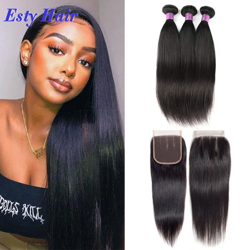 

Brazilian Hair Bundles 3+1 100% Remy Human Hair Extension Weave Bundles Straight Hair Double Weft Human Hair Bundle With Closure