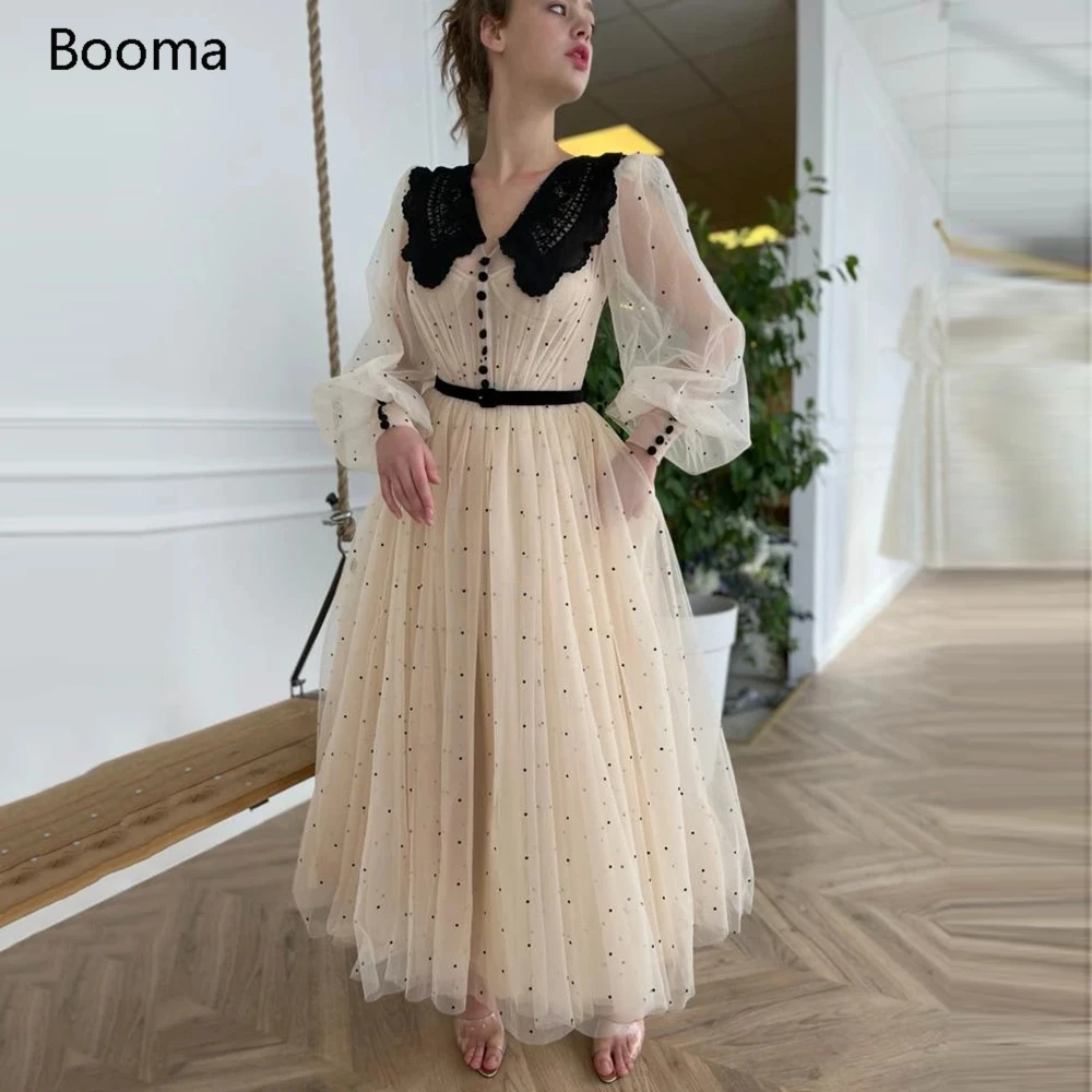 

Booma Cream Dotted Tulle Prom Dresses V-Neck Long Sleeves A-Line Prom Gowns with Belt Buttoned Ankle-Length Wedding Party Dress