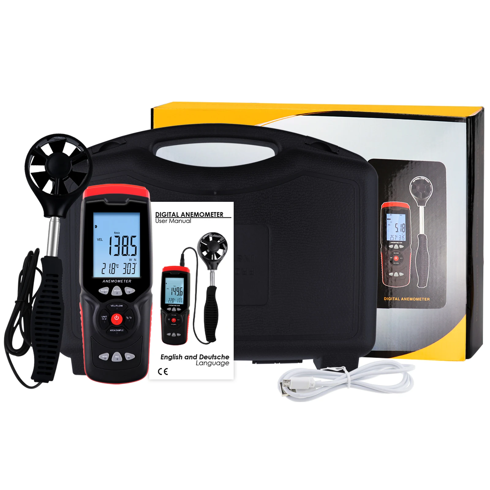 Portable Anemometer Professional Datalogger Wind Speed Velocity Air Flow Direction Humidity Measurement w/ USB Cable | Инструменты