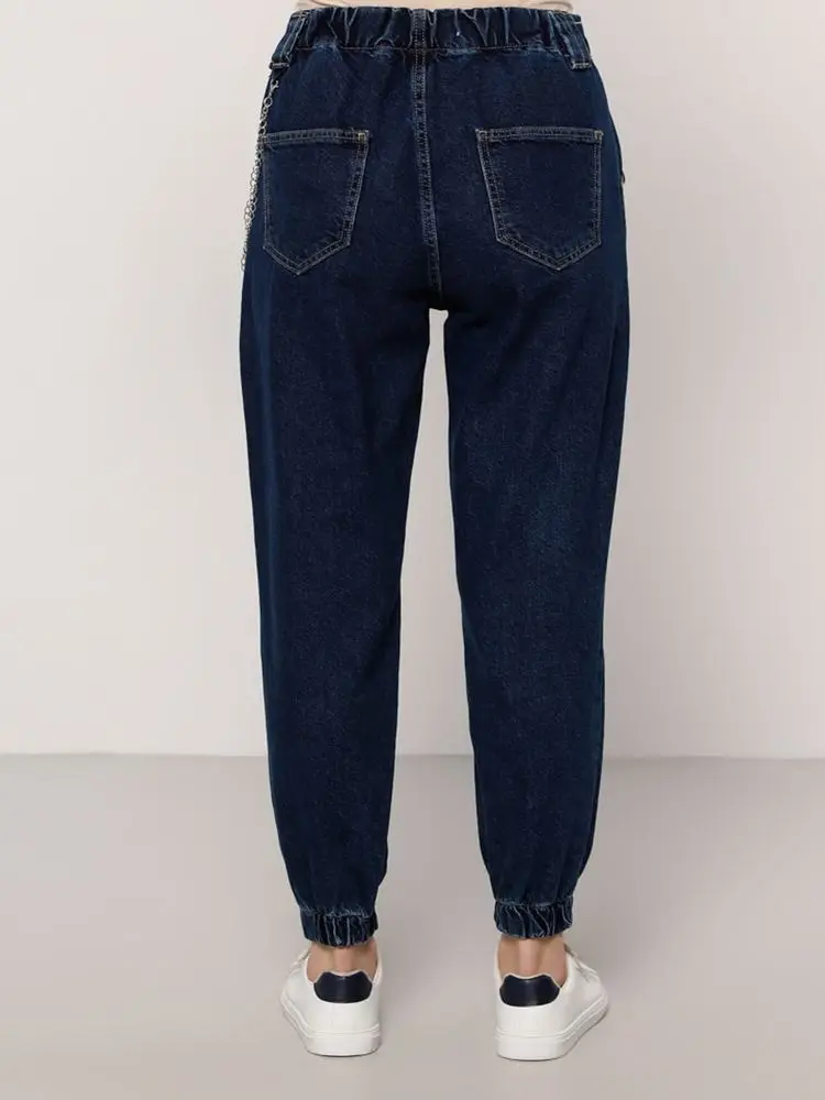 

Benin Natural Fabric Chain Detailed Jeans Women Bottoms Slim and Loose Wide Leg 2020 Comfortable High Waist Blue Jean