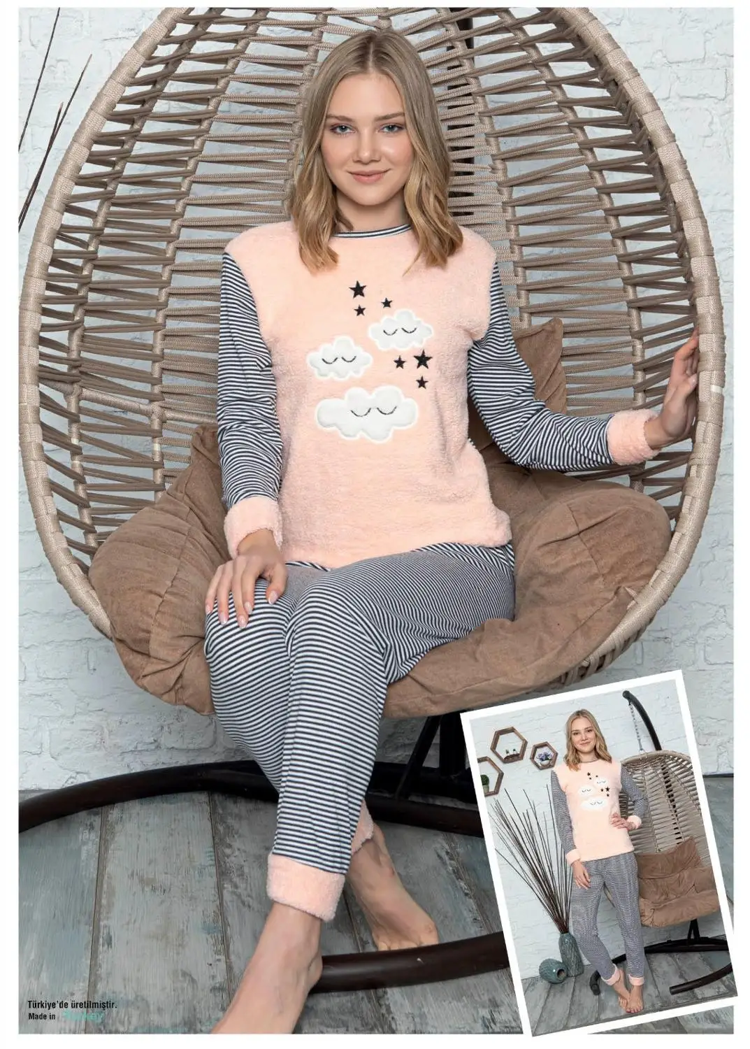 

Women Cotton Pajamas Sets Autumn Winter Sleepwear Suit Carton Cute Big Girls Long Sleeve Homewear Gift for Female Clouds Pink