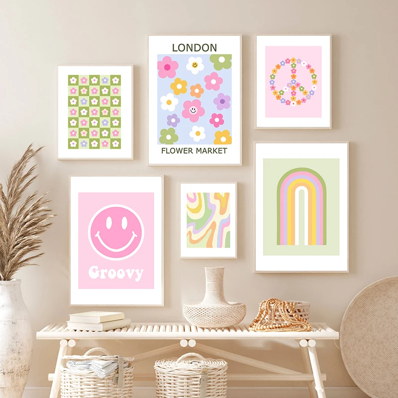 

Retro Art Print Pastel Danish Canvas Painting Pastel Pink Green Gallery Wall Pictures Boho Aesthetic Decor Flower Power Posters