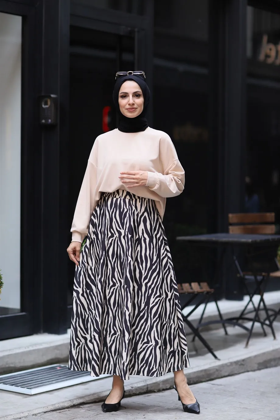 

Women's twinset blouses & zebra print skirt zero collar blouse waist elasticized hem Muslim fashion Islamic clothing women's elegant clothing