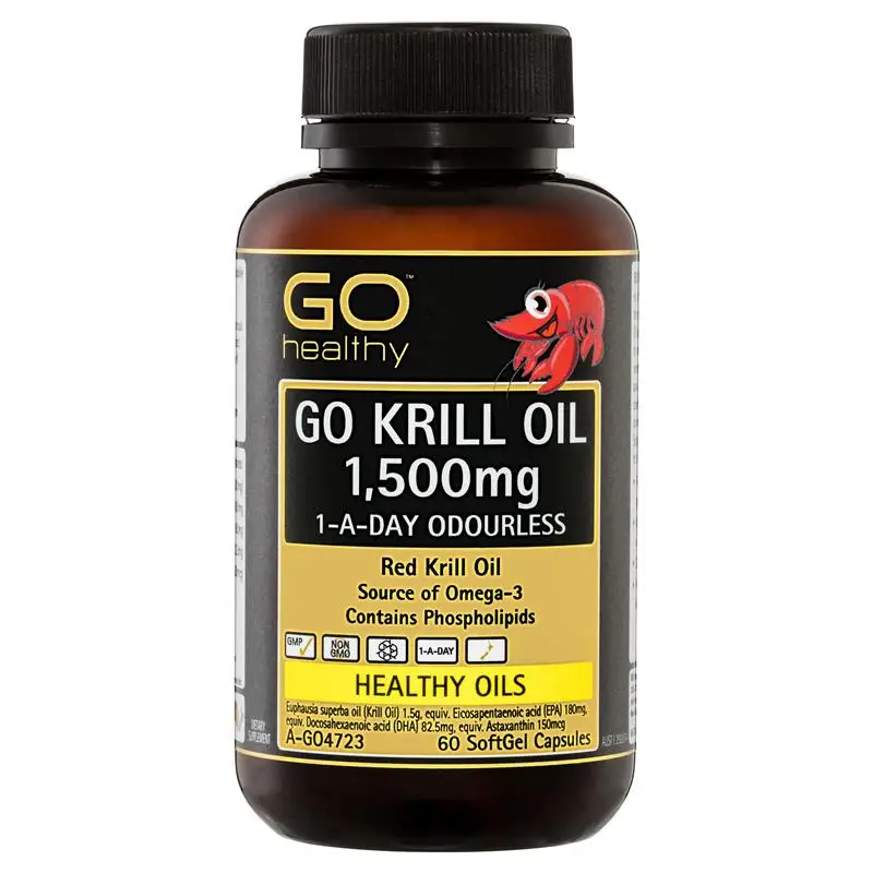 GO Healthy Krill Oil 1500mg 1-A-Day Super Strength maintenance of good health Odourless SoftGel supports heart 60 Capsules