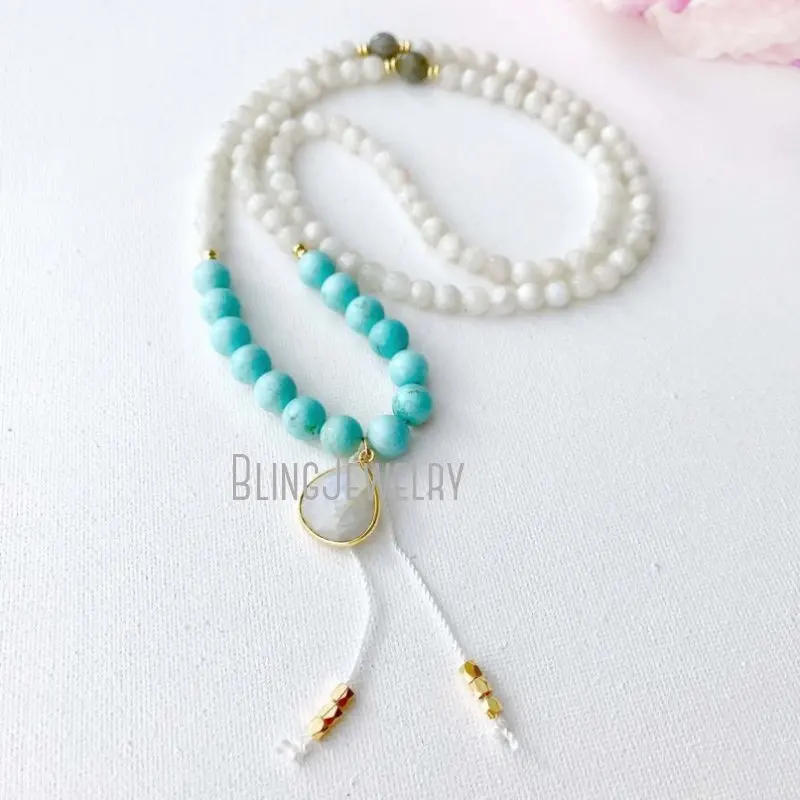 MN19927  Moonstone Beads Turquoise Mala Necklace Moonstone Mala Beads Japa Mala Moonstone Necklace Yoga Necklace