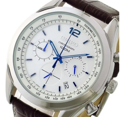 Мужские часы Seiko Neosports SSB095P1 тахометр хронограф циферблат белый 42 мм кожаный