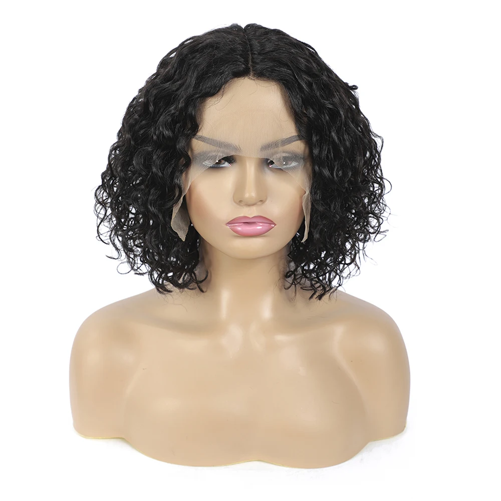 

Puromi Water Wave 13X1 4X1 T part Short Curly Bob Lace Wigs Brazilian Non-Remy Middle Lace Human Hair Wigs 150 Density