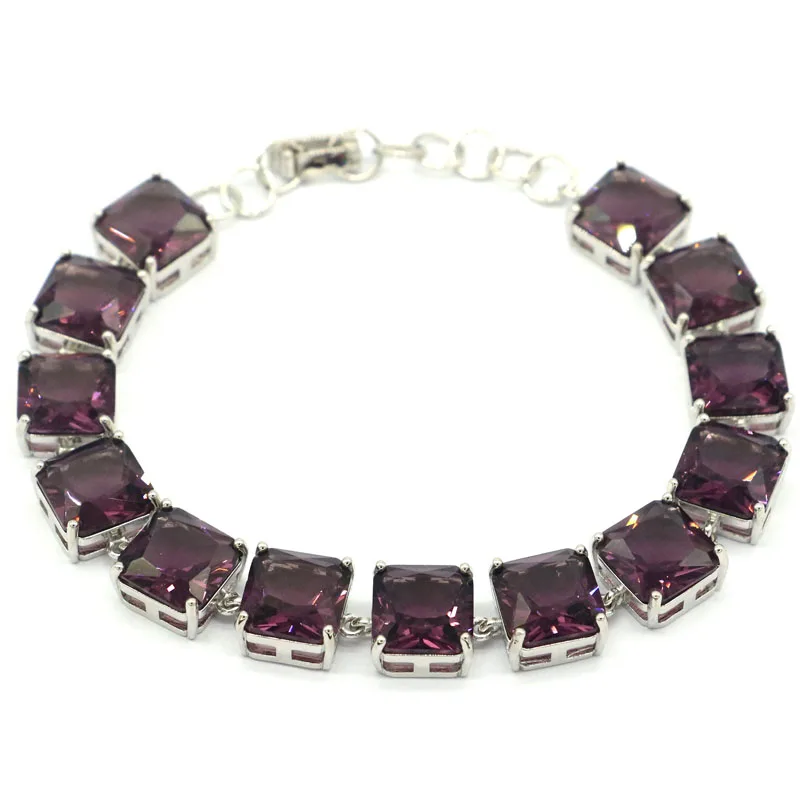 

14x10mm Romantic Purple Amethyst Swiss Blue Topaz Woman's Wedding Silver Bracelet Length 6.5-8.5inch