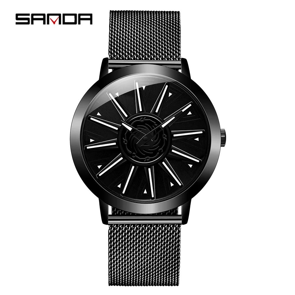 

SANDA Brand personality change of fortune Men's Quartz Watch Trend mesh with waterproof wrist watch 360 degree rotation dial