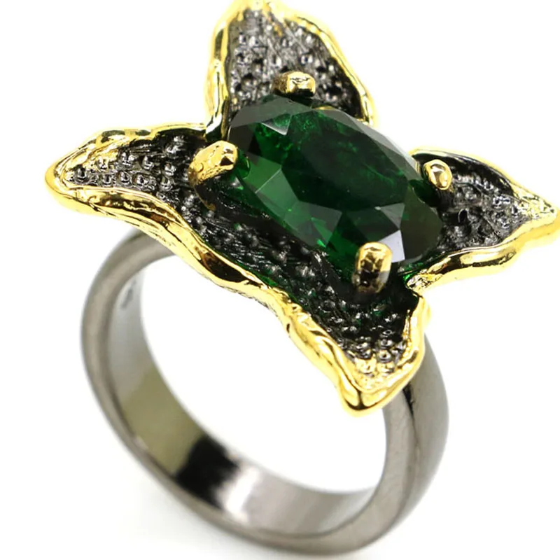 

24x20mm Gothic Unique Handmade Created Blue Aquamarine Green Emerald For Man Cool Black Meta Jewelry Rings