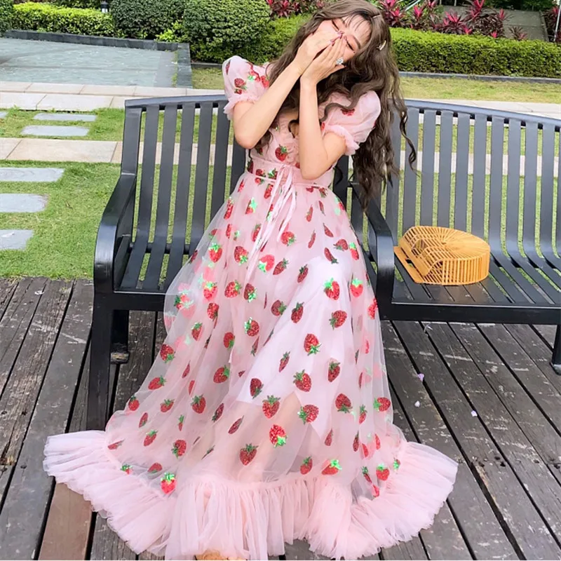 

Sexy V-Neck Belt Sequin Strawberry Dresses Short Sleeve Party Long Dress Net Yarn Summer Women's Clothing Shiny Dresses Dropship
