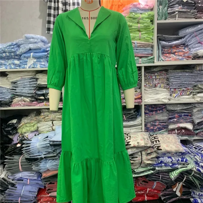 

NWOMN Za Green Dresses Woman Summer 2021 Ruffle Long Dress Women Fashion Ruched Midi Dress Half Sleeve Loose Beach Casual Dress