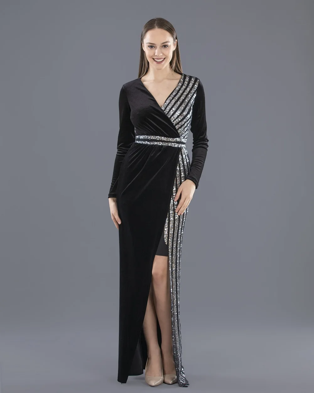 

Velvet Fabric Women's Evening Dress. Deep Low-Cut Black and Gray Evening Dress.Dresses for Women Party Dresses For Women