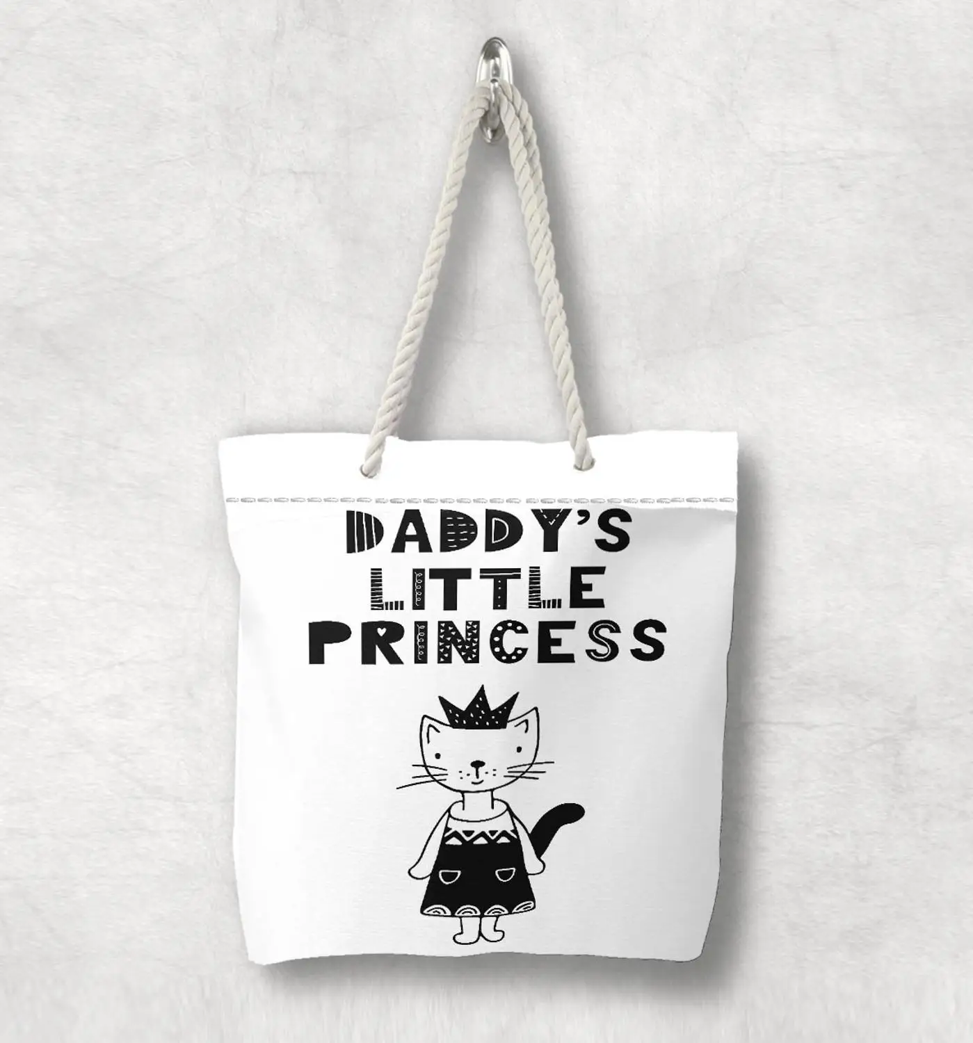 

Else Black White Daddys Little Princess Scandinavian White Rope Handle Canvas Bag Cartoon Print Zippered Tote Bag Shoulder Bag