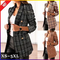 tbyl women fashion tweed double breasted blazer coat vintage notched collar long sleeve flap pockets female outerwear chic veste