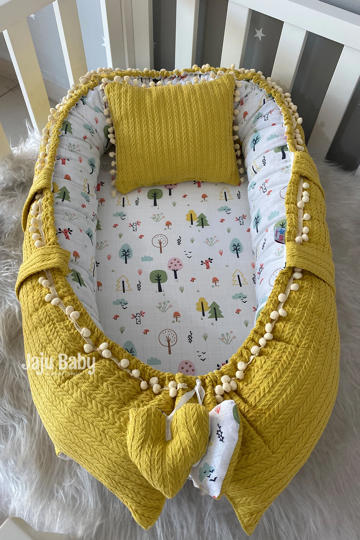 Jaju Baby Special Handmade Mustard Knit Fabric and Muslin Fabric Pompon Babynest, Portable Crib Travel Bed,  Newborn Baby Bed