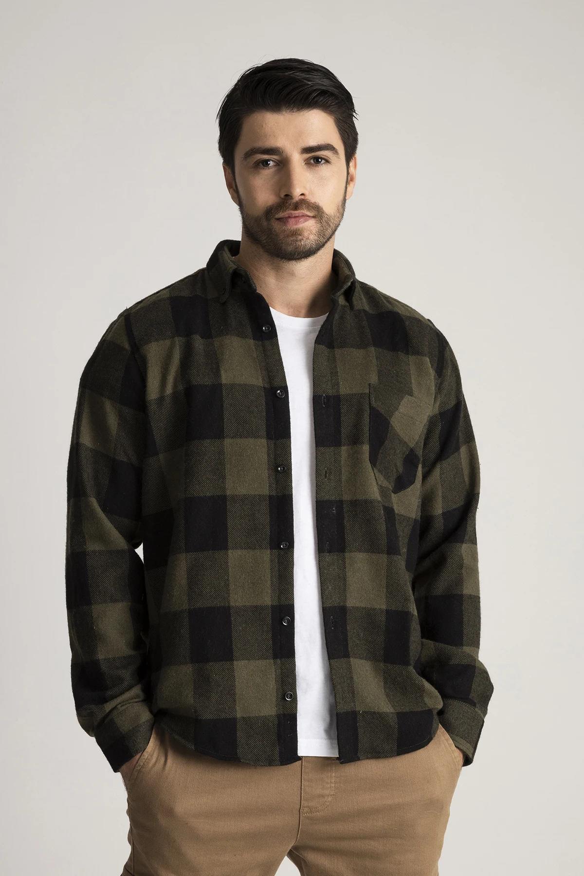 

ALENMEZA Casual Olive Drab Plaid Stylish Long Sleeve Autumn Winter Season Lumberjack Single Pocket Modern Fit Shirt