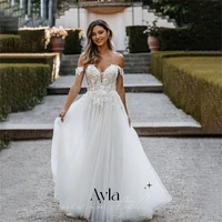 off the shoulder wedding dress with exquisite lace chest design bride dress tull sweep train bride robe vestidos de boda