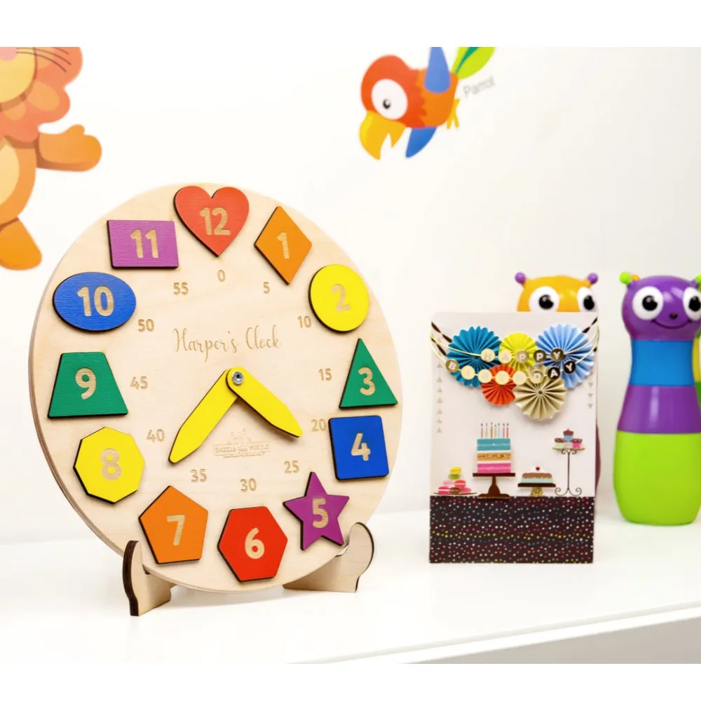 

Rainbow Personalized Wooden Name Clock with Shapes Puzzle Toys forToddler Gift 1st Birthday Montessori Toy Baby Gift Girls Boys