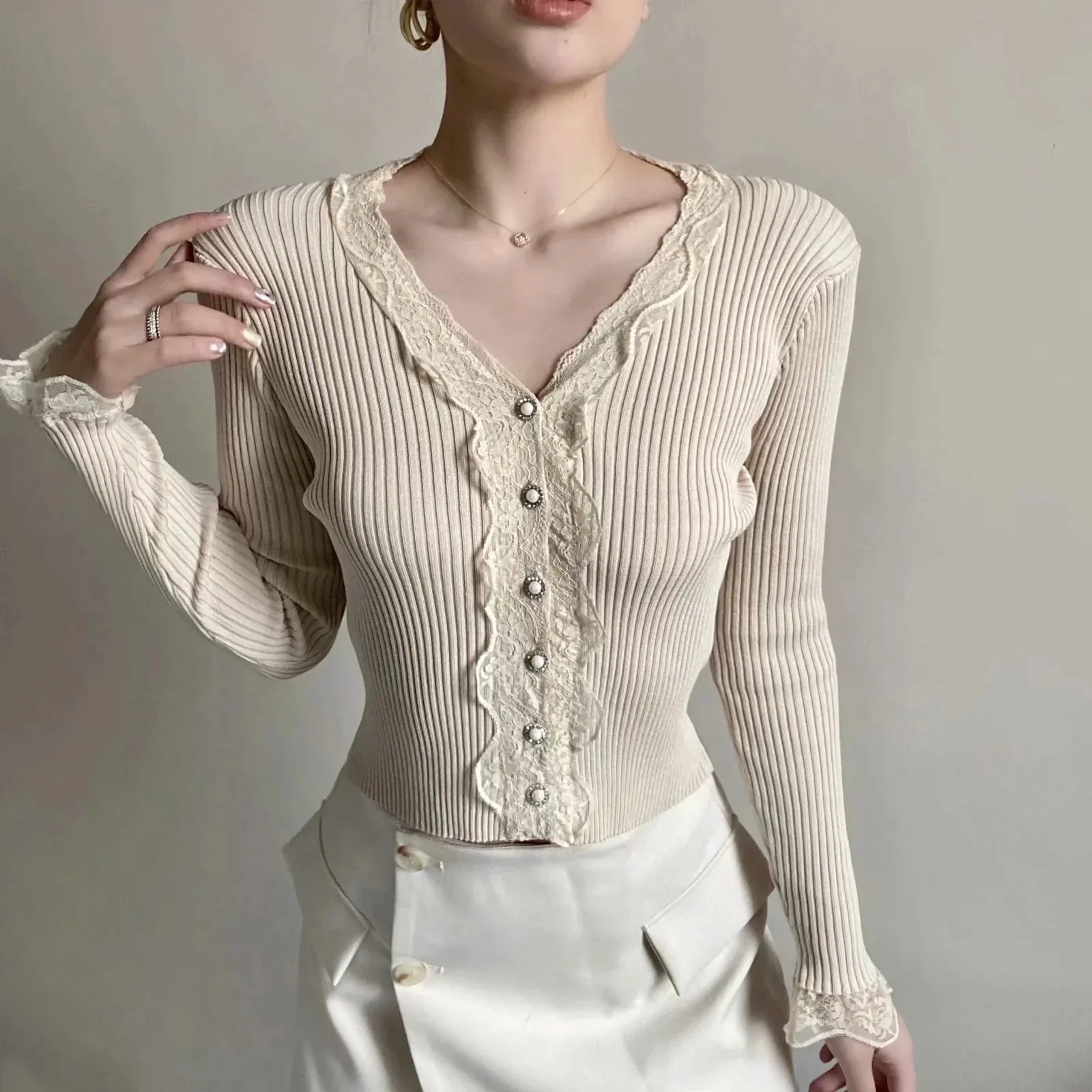 

Solid Knit Casual V Neck Sweater Pearl Button Long Sleeve Lace Trim Vintage Cardigan