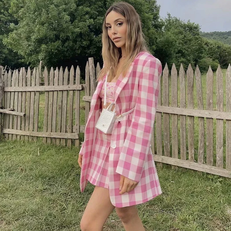 

2021 Women High Quality Sweet Girly Style Pink Plaid Blazer And Skirt Suit Female Vintage Pleated Skirt High Street Style Suit