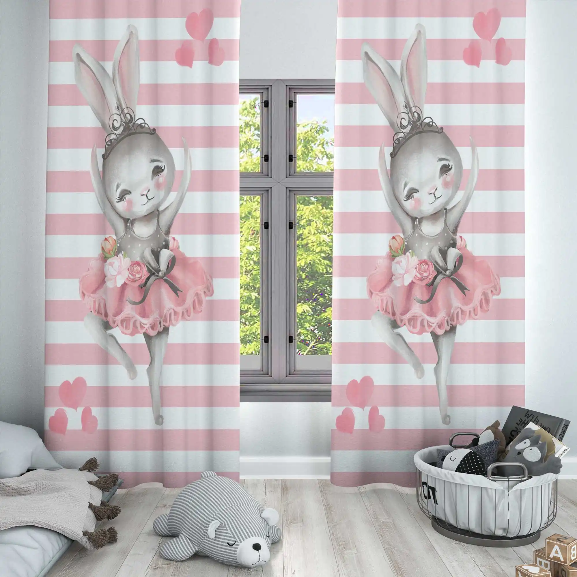 

Else Pink Lines Grey Rabbit Ballerinas Dancer Girl 3d Print Kids Baby Children Window Panel Set Curtain Combine Gift Pillow Case