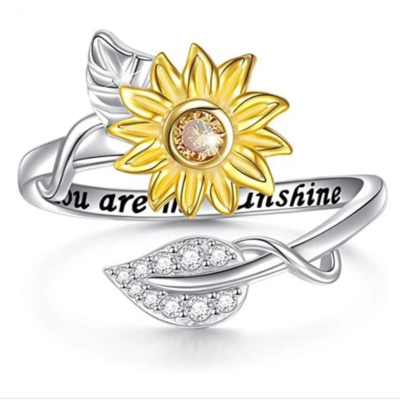 

Vintage Fashion Personalized Sunflower Rings for Women Retro Leaf Jewelry Resizeable Ring You Are My Sunshine Meaningful Gift