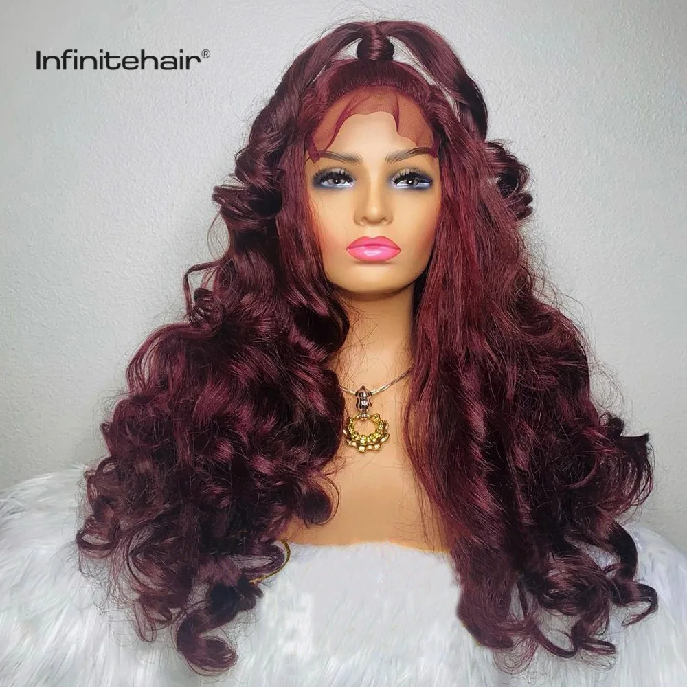 Burgundy Body Wave 13x1 T Part Lace Front Wig Deep Middle Parting 150% Density Human Hair Wigs Pre Plucked for Black Women