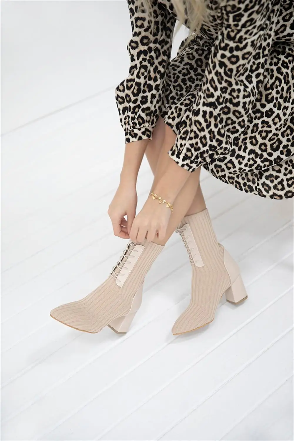

Handmade Shoes Women's Heeled Stretch Knitwear Boots Nude Color