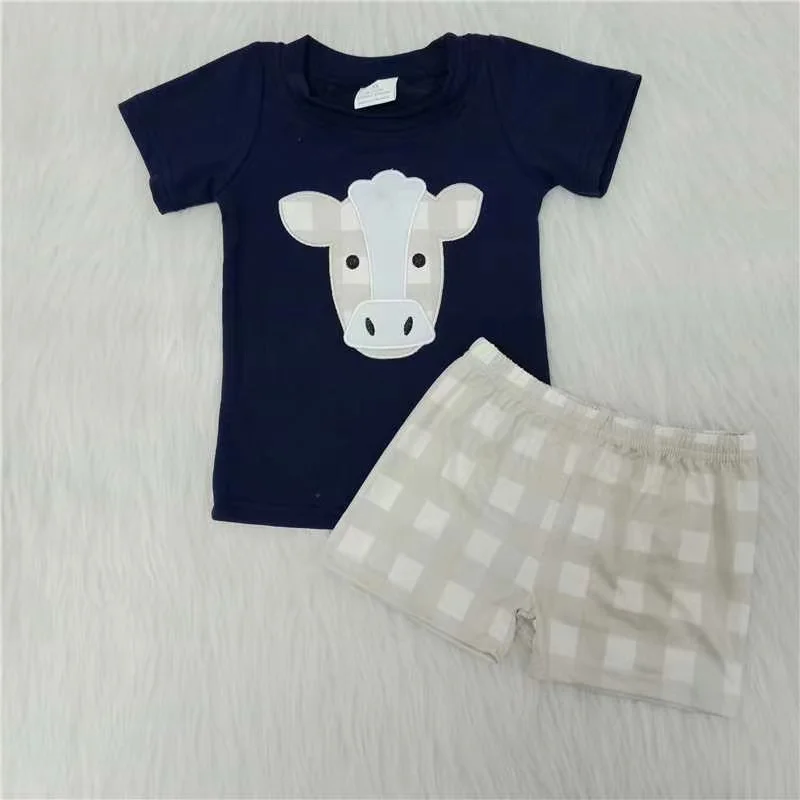 

Toddlers Summer Embroidery Cow Outfits Baby Boys Short Sleeves Shirt Plaid Shorts Kids Clothing Sets Children Boutique Style