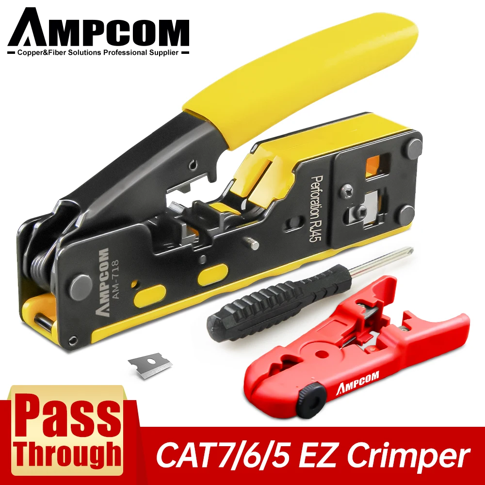 AMPCOM RJ45 RJ11 Pass Durch Crimpen Werkzeug für Cat7/6A Cat6/5 Ethernet Modulare Stecker Anschlüsse
