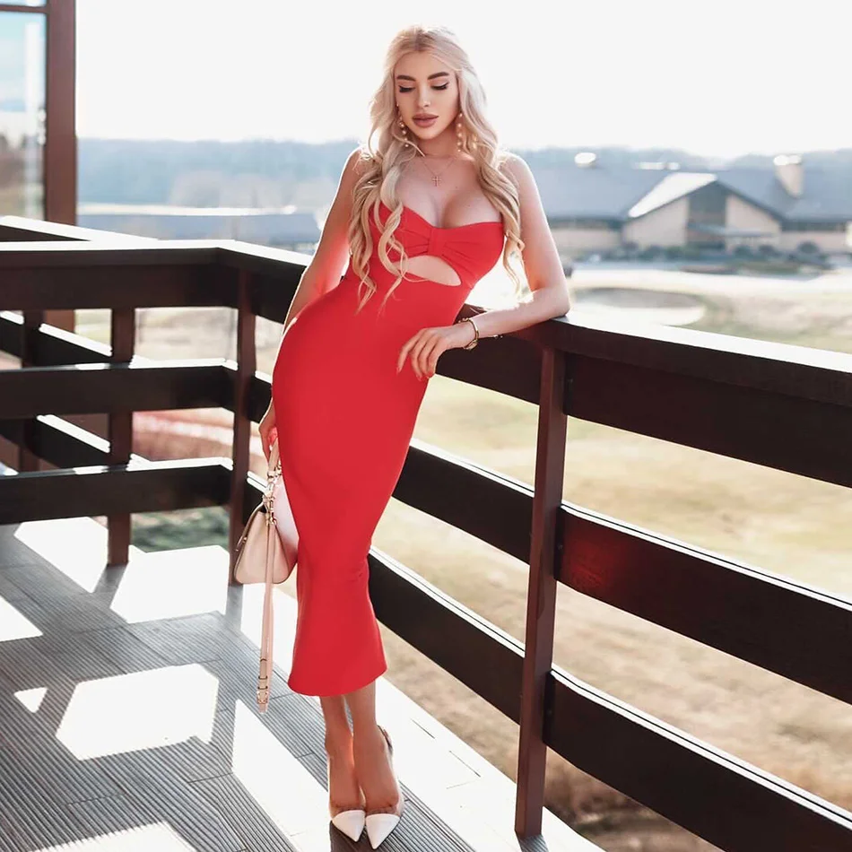 Женское Бандажное платье миди без рукавов черное соблазнительное облегающее