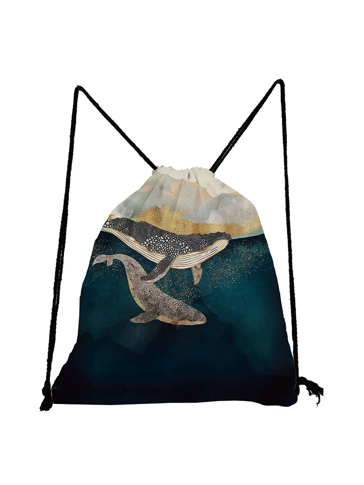 

Ukiyoe Drawstring Bag Blue Child Backpack Shoe Bag To School Eco Reusable Whale Storage Bag Soft Back Bag Fashion Unisex Bookbag
