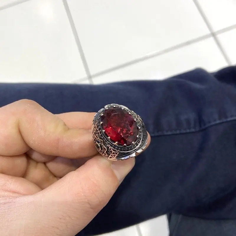 Рубиновый цвет Овальный циркон камень ручной работы серебряное мужское кольцо |