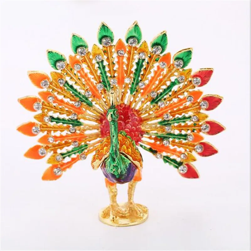 

Gloden Blue Metal Peacock Trinket Jewelry Box Animal Figurine Russian Vintage Decoration Crafts Tabletop Wholesale