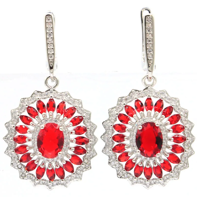

41x21mm Luxury Silver Earrings for Women Delicate Fine Cut Dazzling Created Red Ruby Zircon Bridal Jewelry Hot Selling