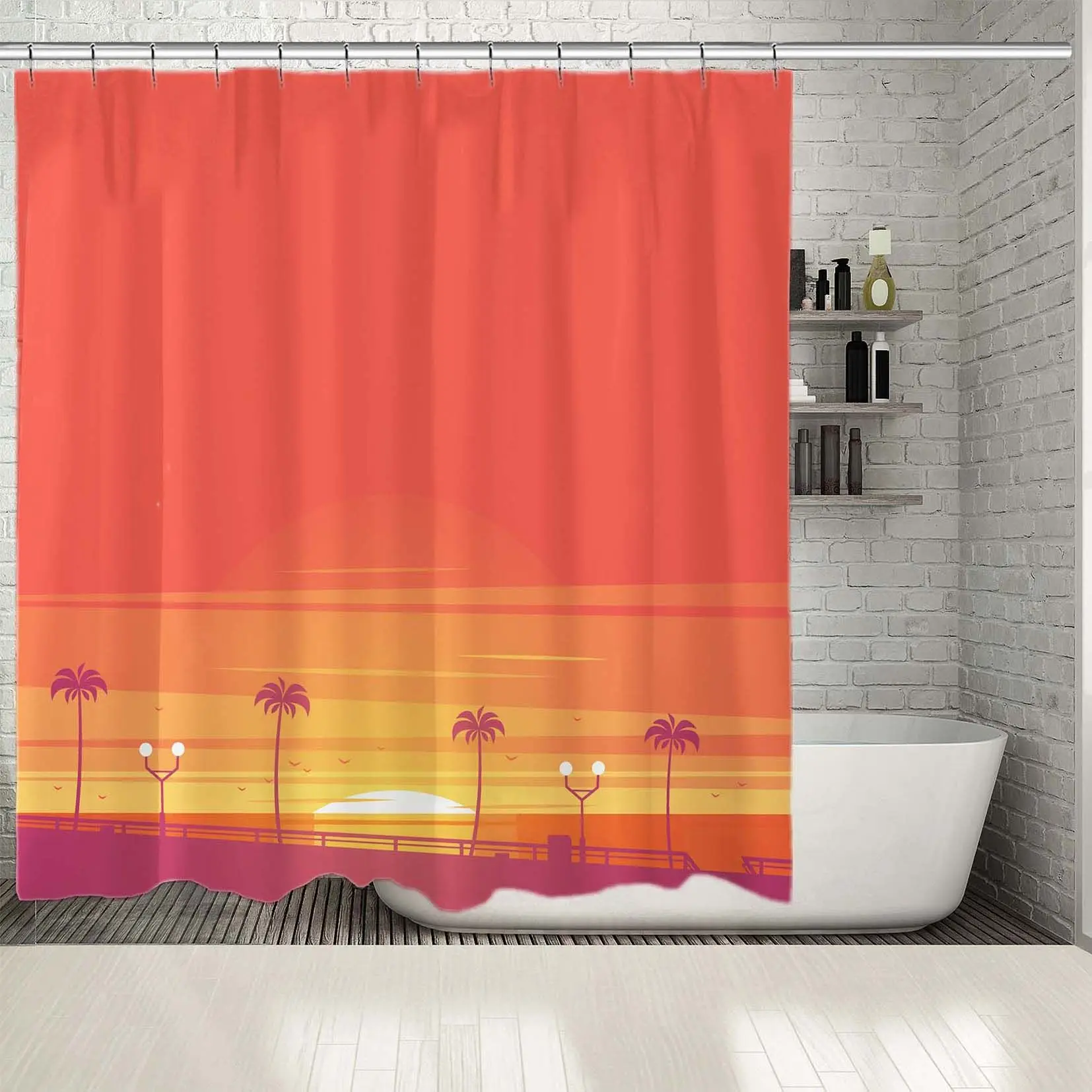 Занавески для душа пляжные с пальмами на закате пейзажи океан горизонт