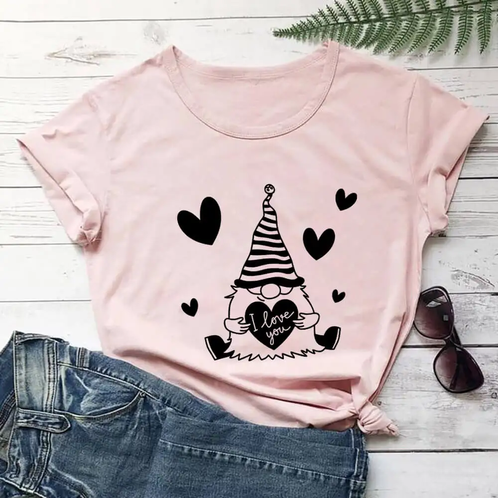 

Valentine's Day Gnomes Hearts 100%Cotton Printed Women's T Shirt New Arrival Spring Casual O-Neck Pullovers Short Sleeve Tops