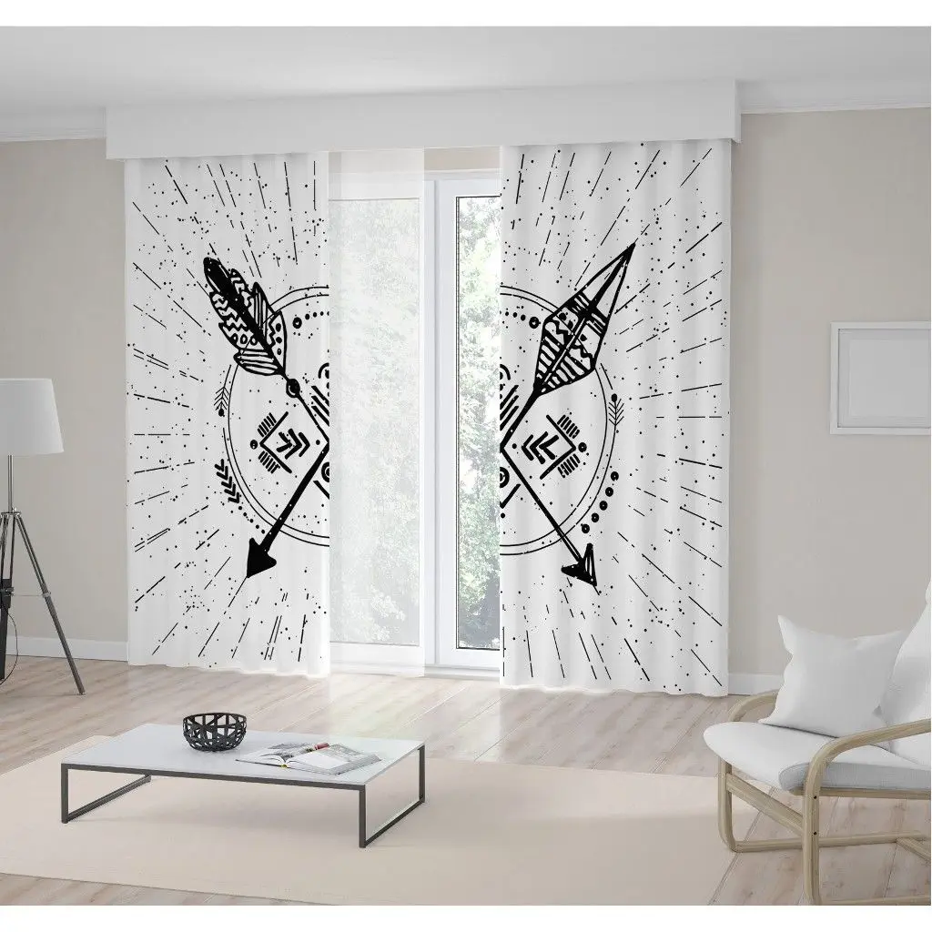 

Curtain Arrows Sunburst Rays Hipster Artwork Ancient Tribal Native Style Design Black and White Decorative