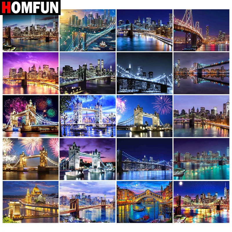 

HOMFUN 5D DIY Diamond Embroidery Full Display "night view bridge scenery" Diamond Painting Square/Round Rhinestones Decor Art