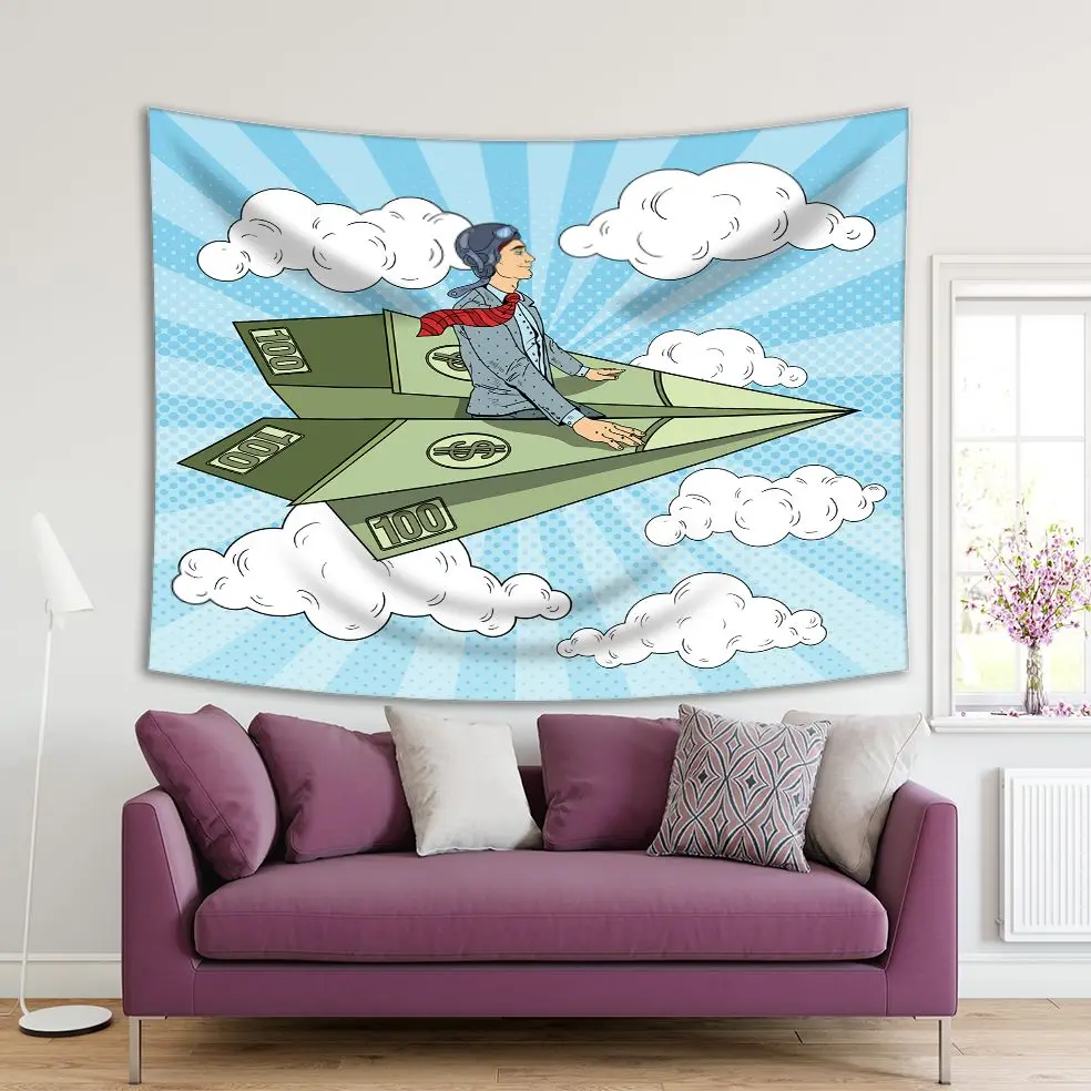 

Tapestry Pop Art Businessman in a Suit and Tie on Flying Dollar Paper Plane among Clouds Fun Creative Illustration