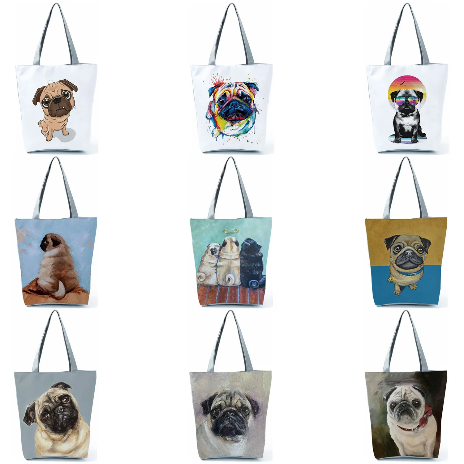 

Pug Dog Printed Reusable Shopping Bags Animal Graphic Practical Eco Foldable Handbags Portable Outdoor Storage Totes for Women