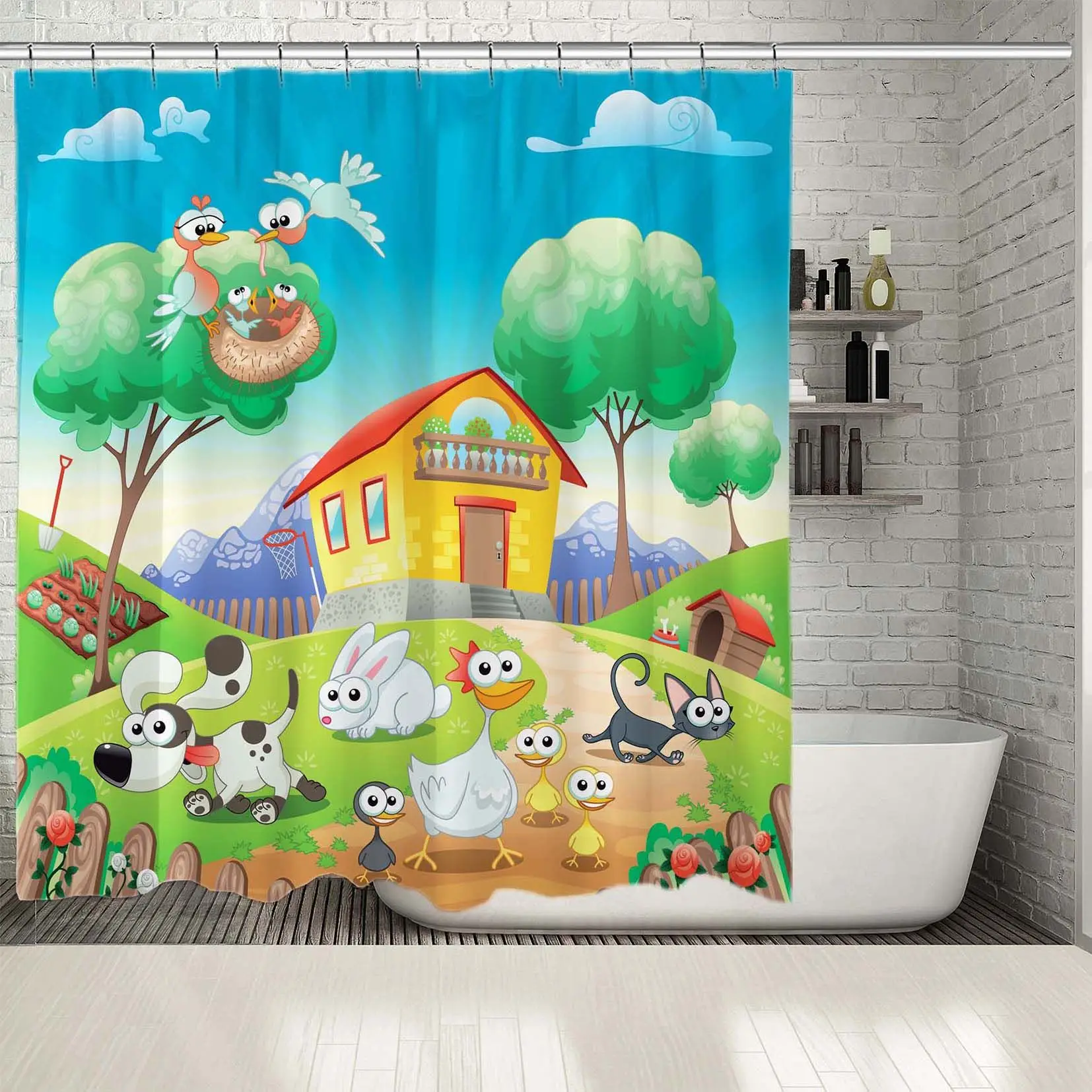 

Shower Curtain Cartoon Dog Cat Chicken Home with Animals Fun Illustration Blue Green Yellow