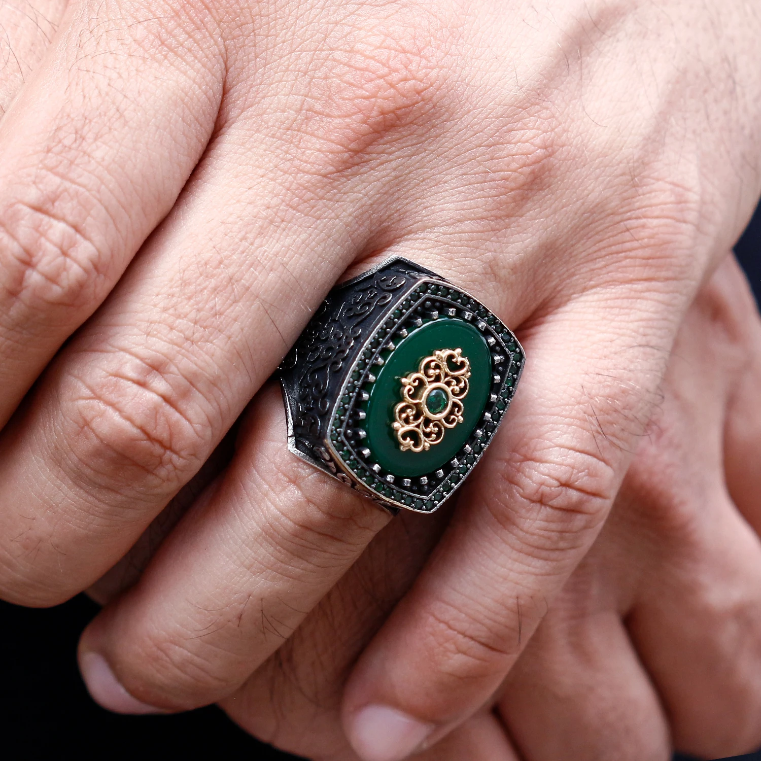 

Zircon Design Grand Vizier Ring with Green Agate Stone Fashion Turkish Premium Quality Handmade Jawelery