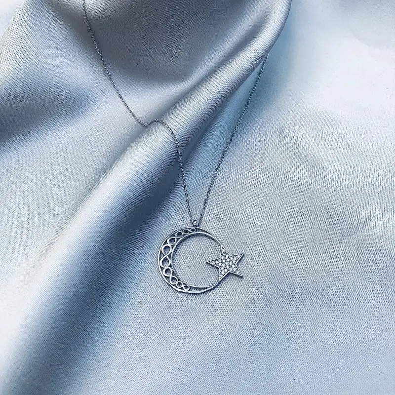 

Star And Crescent 925 Sterling Silver Necklace Women Girls Gift Jewelry Accessories Fashion Handmade Elegant Chain