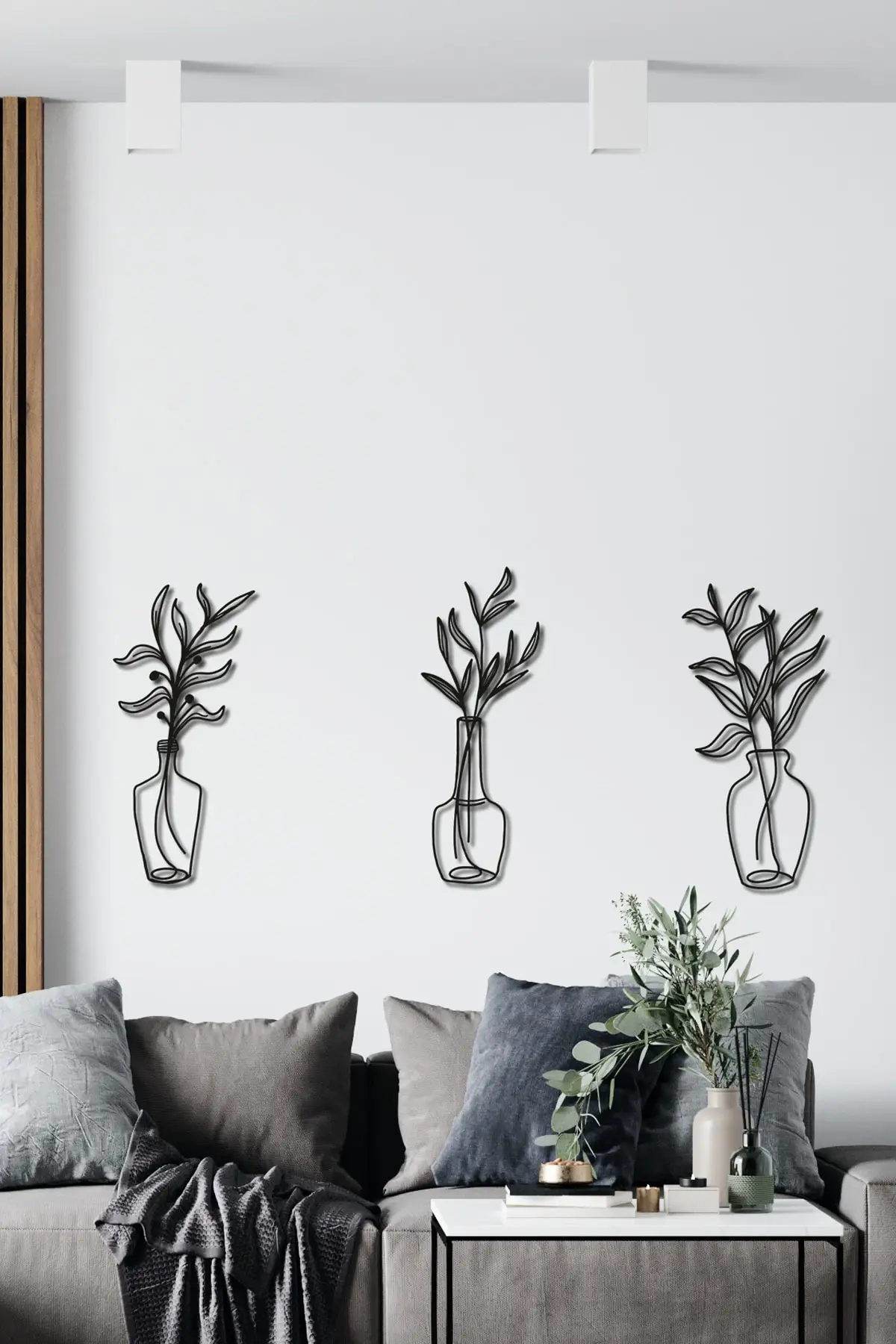 

3D Minimalist Flower Painting Wall Decor Style Home Office Art Decoration Gifts Vintage 3-Piece Black Leaf Wooden Table