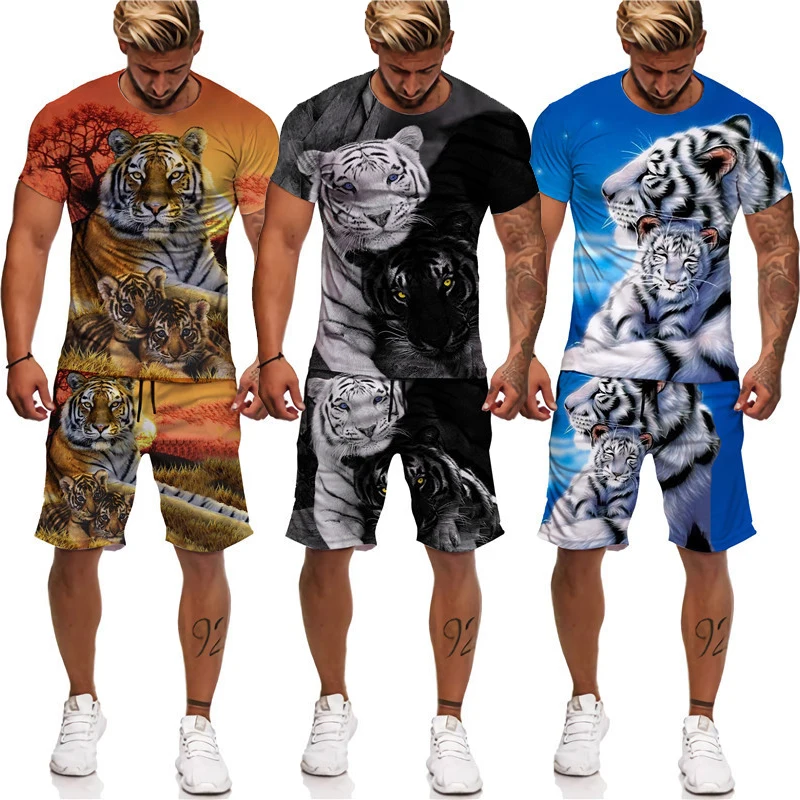 Summer Tiger 3D Printed Men's T-Shirts+Shorts Suit Jogging Tracksuit Cool Animal Pattern Couple Outfits Two Piece Sportswear Set
