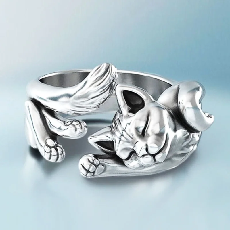 

Cute Fortune Cat Shape Opening Rings For Women Silver Color Vintage Frog Toad Animal Delicate Finger Ring Girl Fashion Jewelry