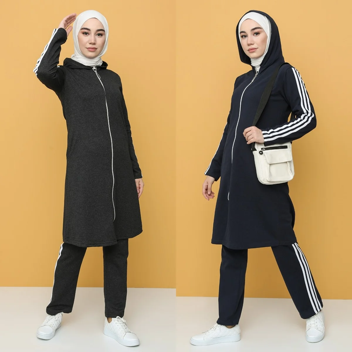 Hooded Tracksuit Solid Zippered Casual Unlined Long Sleeve 4 Seasons Sports Women Muslim Fashion Hijab Clothing  Isalmic  Arabic